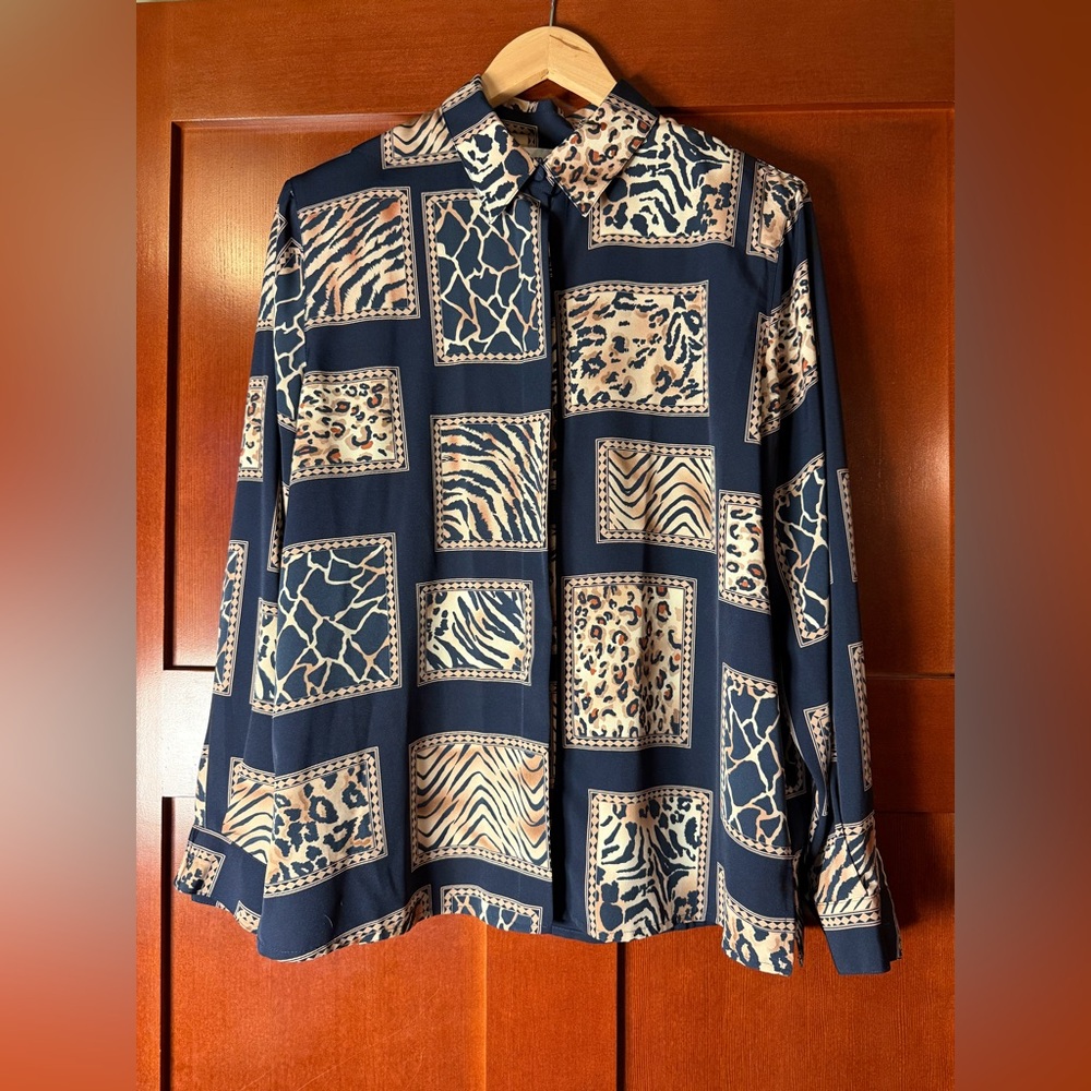 Alfred Dunner Vintage Animal Print Button-Up Blouse Size 14